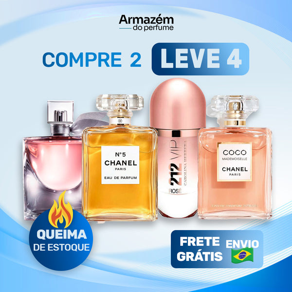 4 Perfumes  (100ml) - Mademoiselle | 212 VIP Rosé | La Vi Est Belle | Chanel n5 (5 Anos Armazém do Perfume)