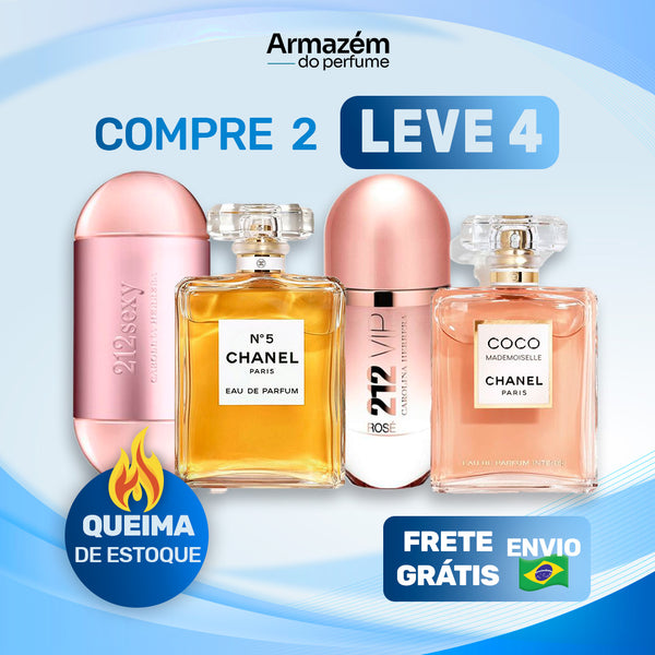 4 Perfumes Femininos (100ml) - Mademoiselle | 212 VIP Rose | CHANEL N5 | 212 VIP Sexy (5 Anos Armazém do Perfume)