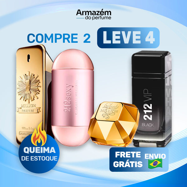 COMBO CASAL - (100ml) - Lady Million | 212 VIP Sexy | 1 Million | 212 VIP Black (5 Anos Armazém do Perfume)