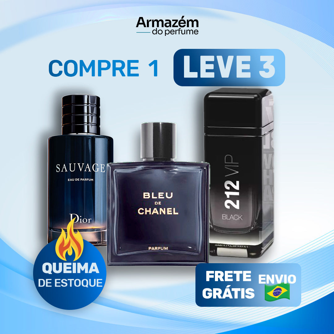 3 Perfumes Masculinos (100ml) - 212 VIP Black | Bleu de Chanel | Sauvage (5 Anos Armazém do Perfume)