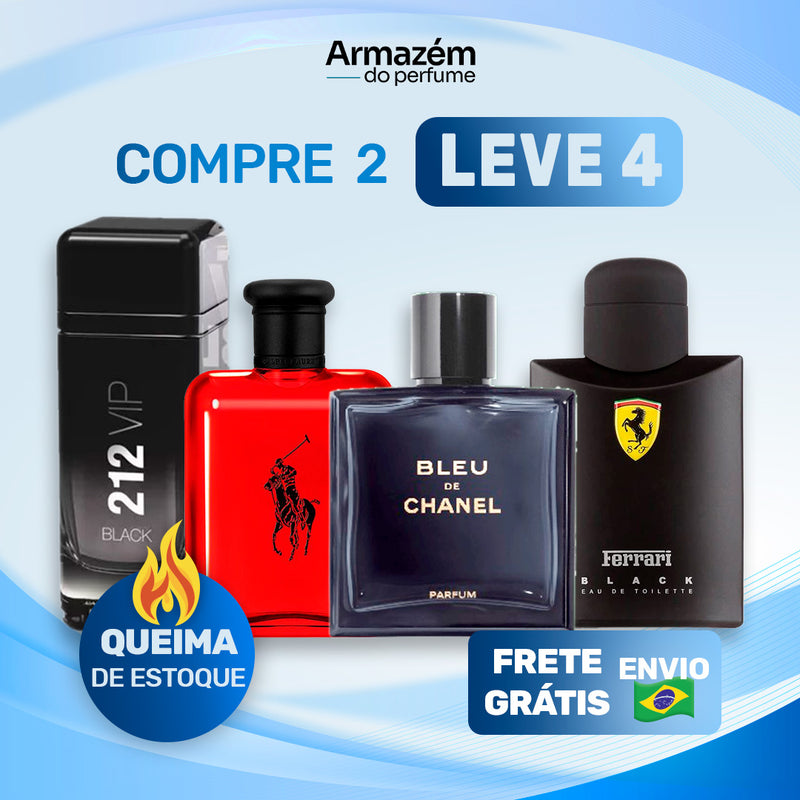 4 Perfumes Masculinos TESTER (100ml) - Ferrari Black | Polo RED | BLEU DE CHANEL | 212 VIP MEN (5 Anos Armazém do Perfume)