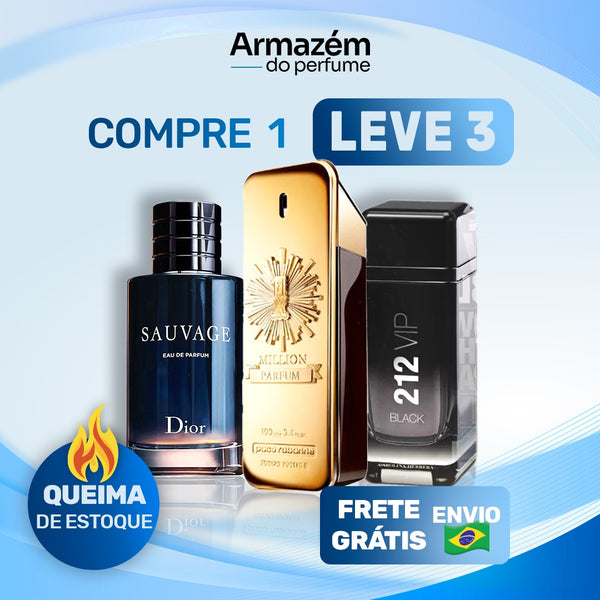 3 Perfumes Masculinos Importados (100ml) - 1 Million | 212 VIP BLACK | Sauvage Dior | (5 Anos Armazém do Perfume)